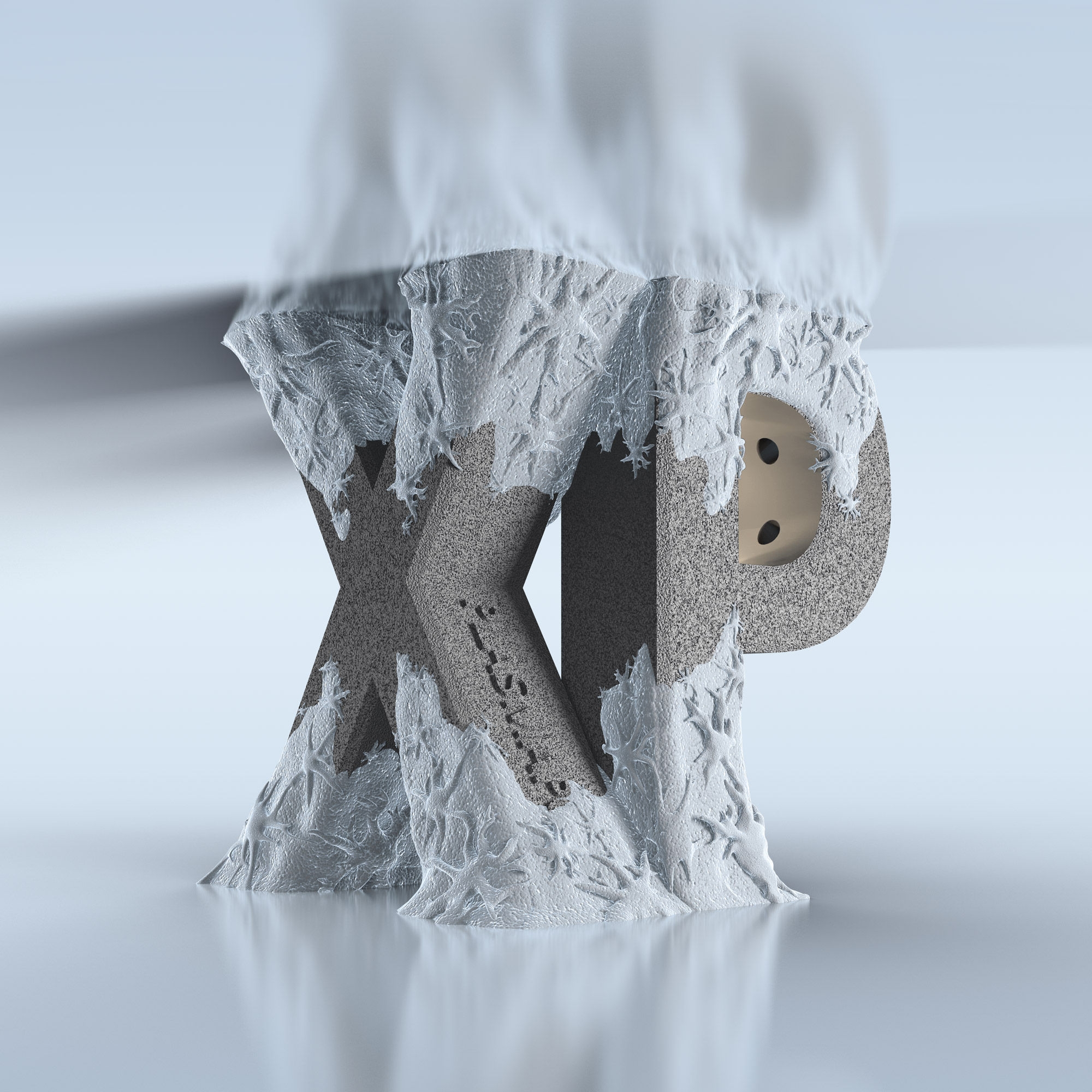 3D-Modell der Buchstaben x und p mit Plasmapore xp-Beschichtung, die mit Knochengewebe verbunden sind und ein Implantat symbolisieren, das für eine verbesserte Osseointegration für sekundäre Stabilität entwickelt wurde.