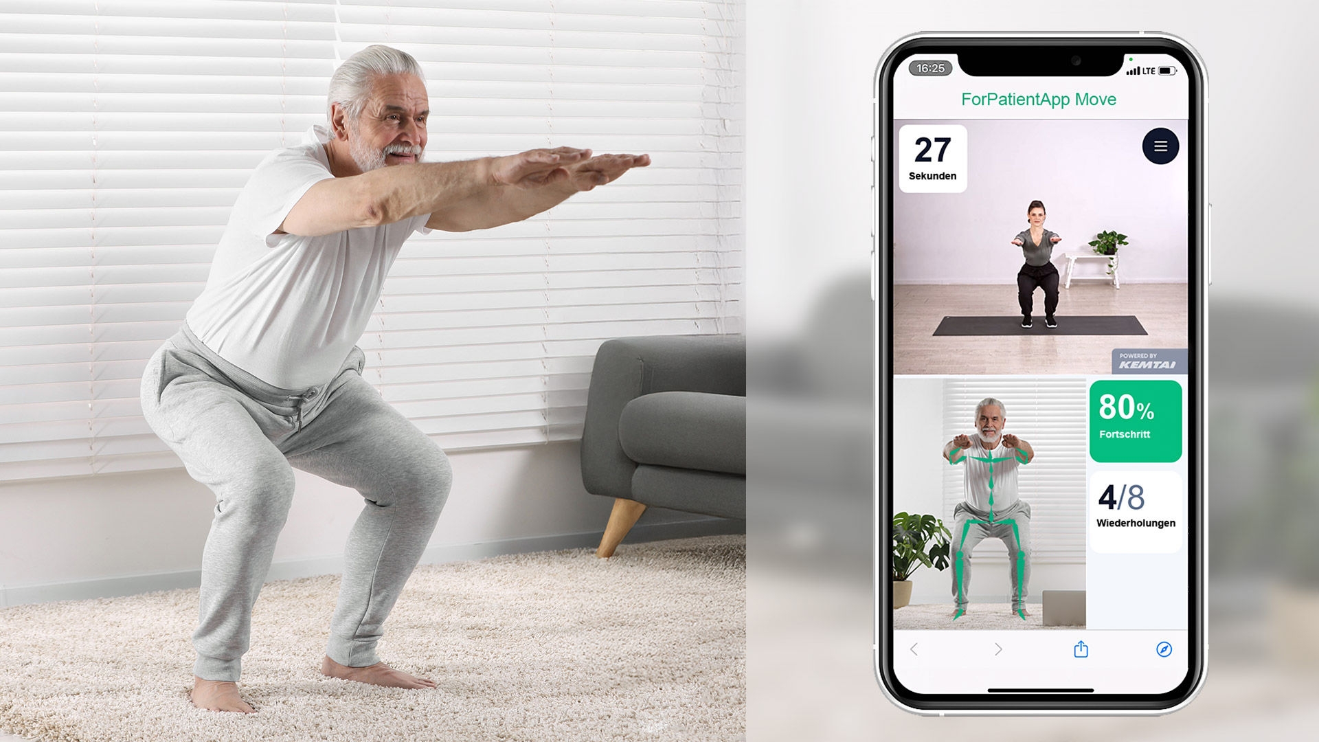 Eine Person führt eine Squat-Übung neben einem Smartphone durch, auf dem die ForPatientApp Move-Oberfläche mit Timer, Übungsvideo und Fortschrittsanzeigen angezeigt wird.