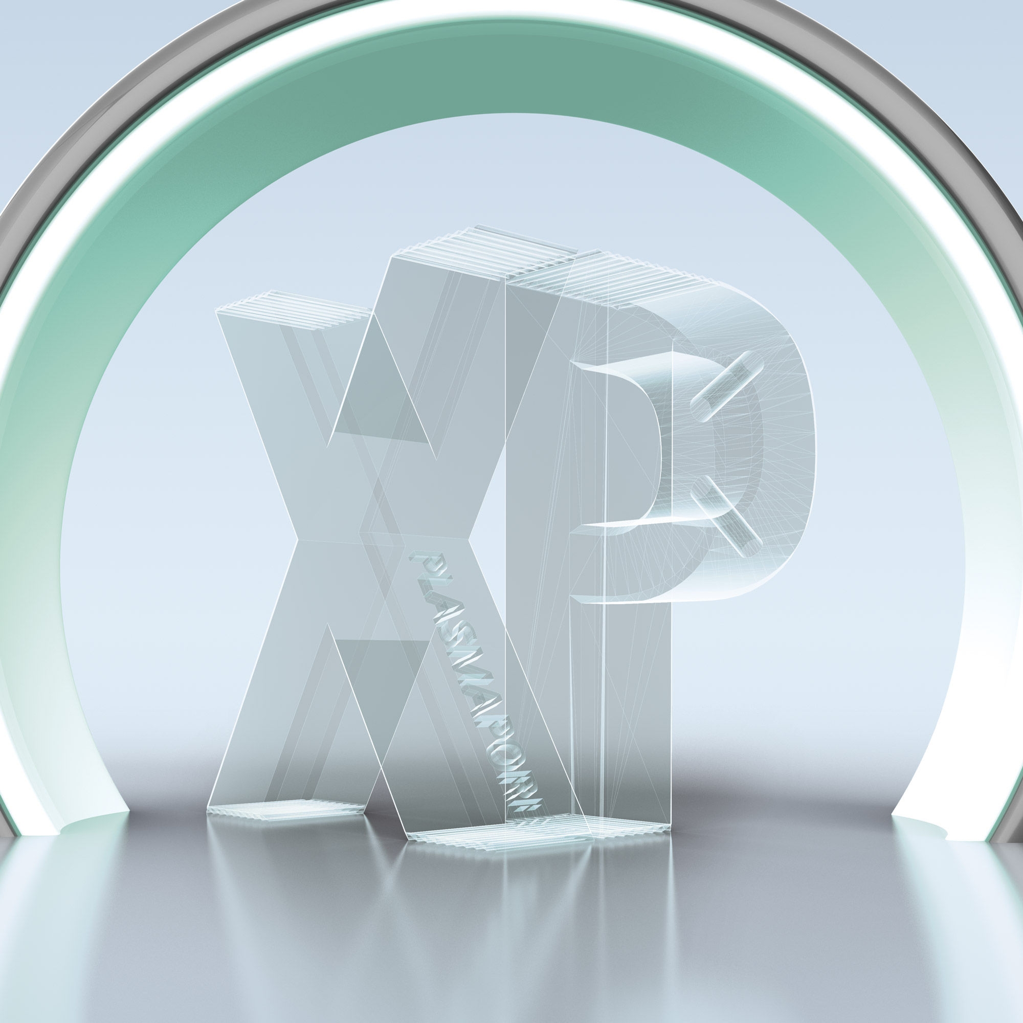 3D-Modell der Buchstaben x und p mit Plasmapore xp-Beschichtung, dargestellt als transparent mit nur den sichtbaren Rändern, veranschaulicht einen strahlendurchlässigen Kern, der die Bildklarheit und die Sichtbarkeit der Implantatkontur in CT- und MRT-Scans verbessert
