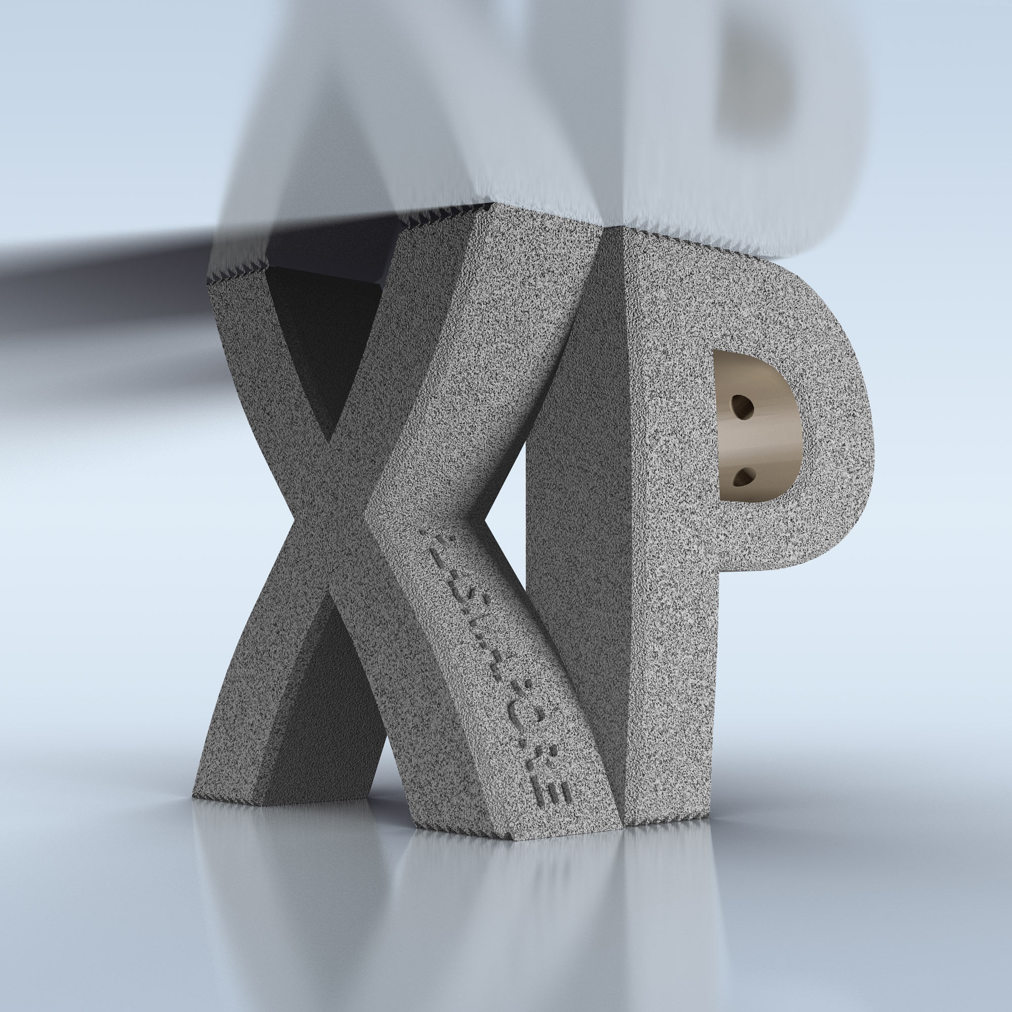 3D-Modell der Buchstaben x und p mit Plasmapore xp-Beschichtung, leicht komprimiert von oben und unten, zeigt eine elastische Verformung, die die knöcherne Flexibilität und Widerstandsfähigkeit des Implantats widerspiegelt.