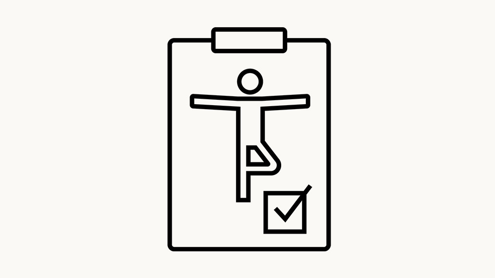 Symbol einer Zwischenablage, die eine Person in einer Rehabilitationsübung mit einem Häkchen zeigt, das eine abgeschlossene Übungsverfolgung symbolisiert.