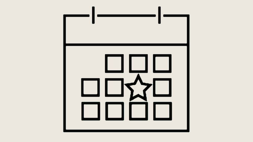 Das Symbol zeigt einen Kalender mit einem Raster aus Quadraten, die einzelne Tage darstellen. Auf einem der Quadrate – in der mittleren Reihe – befindet sich ein Stern